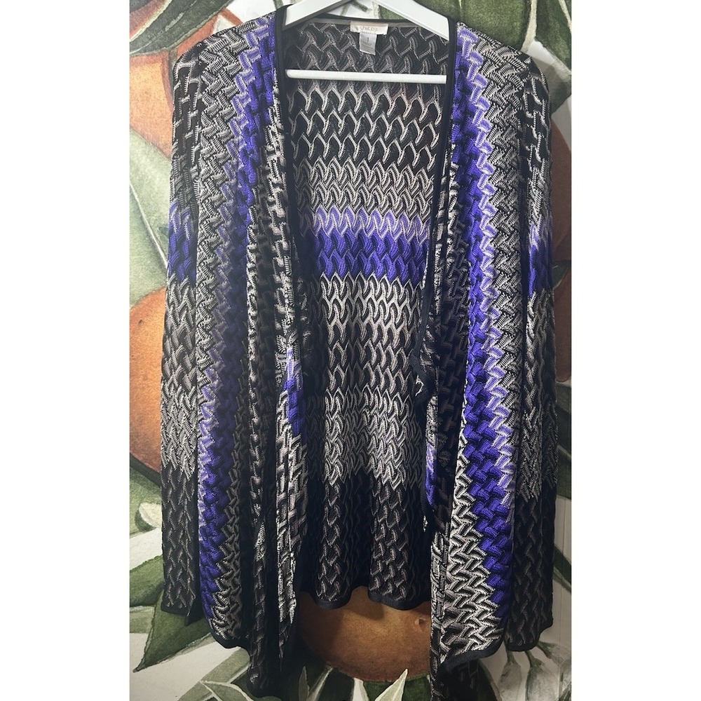 Chicos Size 1 Medium Knit Waterfall Cardigan Sweater Purple Black
